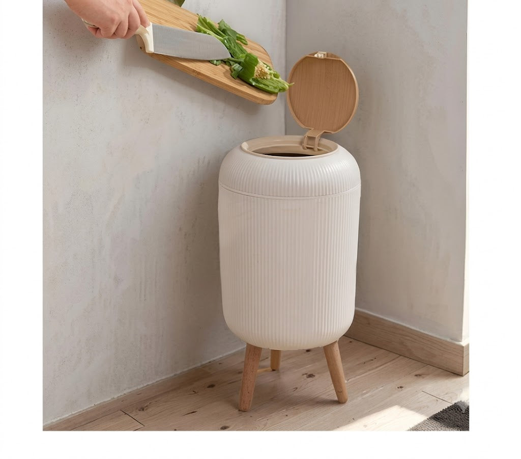 Dustbin : Raised Nordic Style Dustbin with Push Top Lid & Wooden Legs