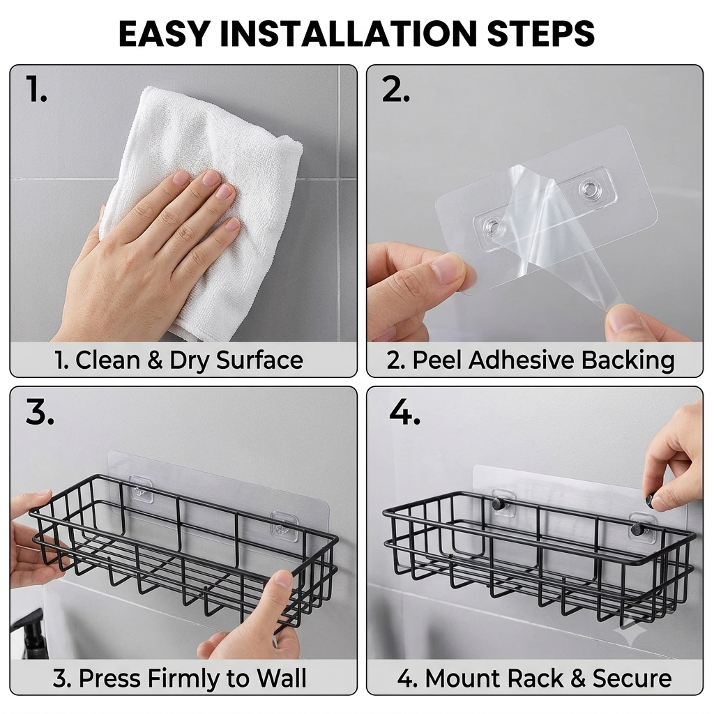 Bathroom Rack - Bathroom Shelves - Kitchen Storage – Self Adhesive Bathroom Shelf and Shampoo Holder with 4 Hook Adhesive Shower Caddy Metal Shelf (Pack of 2)