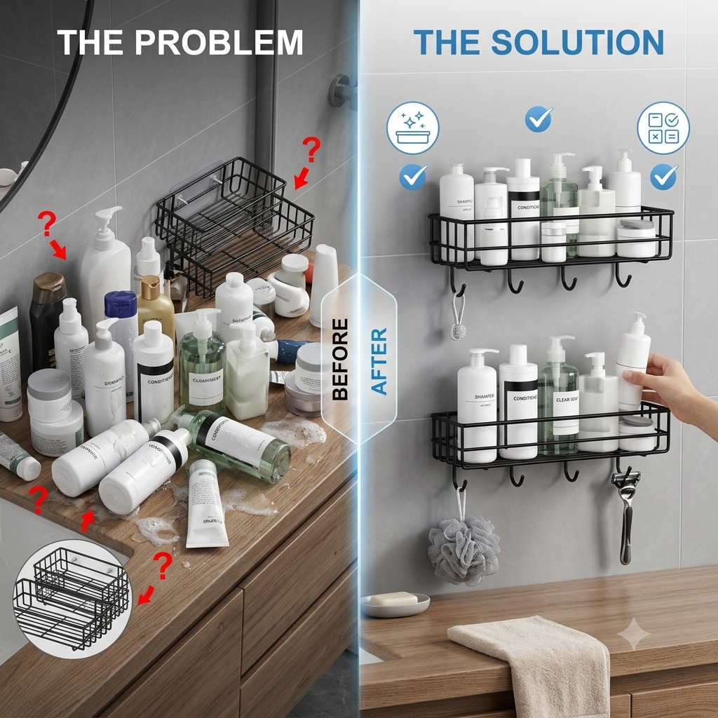 Bathroom Rack - Bathroom Shelves - Kitchen Storage – Self Adhesive Bathroom Shelf and Shampoo Holder with 4 Hook Adhesive Shower Caddy Metal Shelf (Pack of 2)