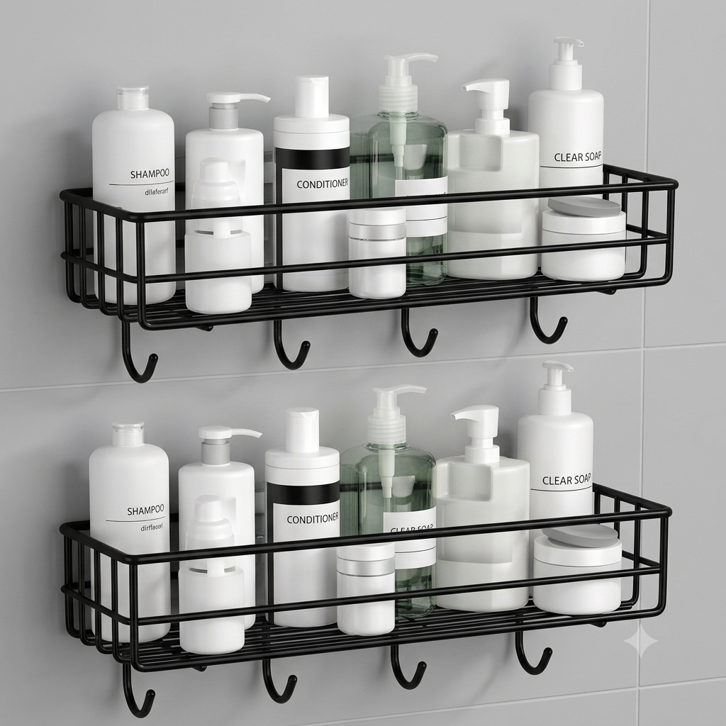 Bathroom Rack - Bathroom Shelves - Kitchen Storage – Self Adhesive Bathroom Shelf and Shampoo Holder with 4 Hook Adhesive Shower Caddy Metal Shelf (Pack of 2)